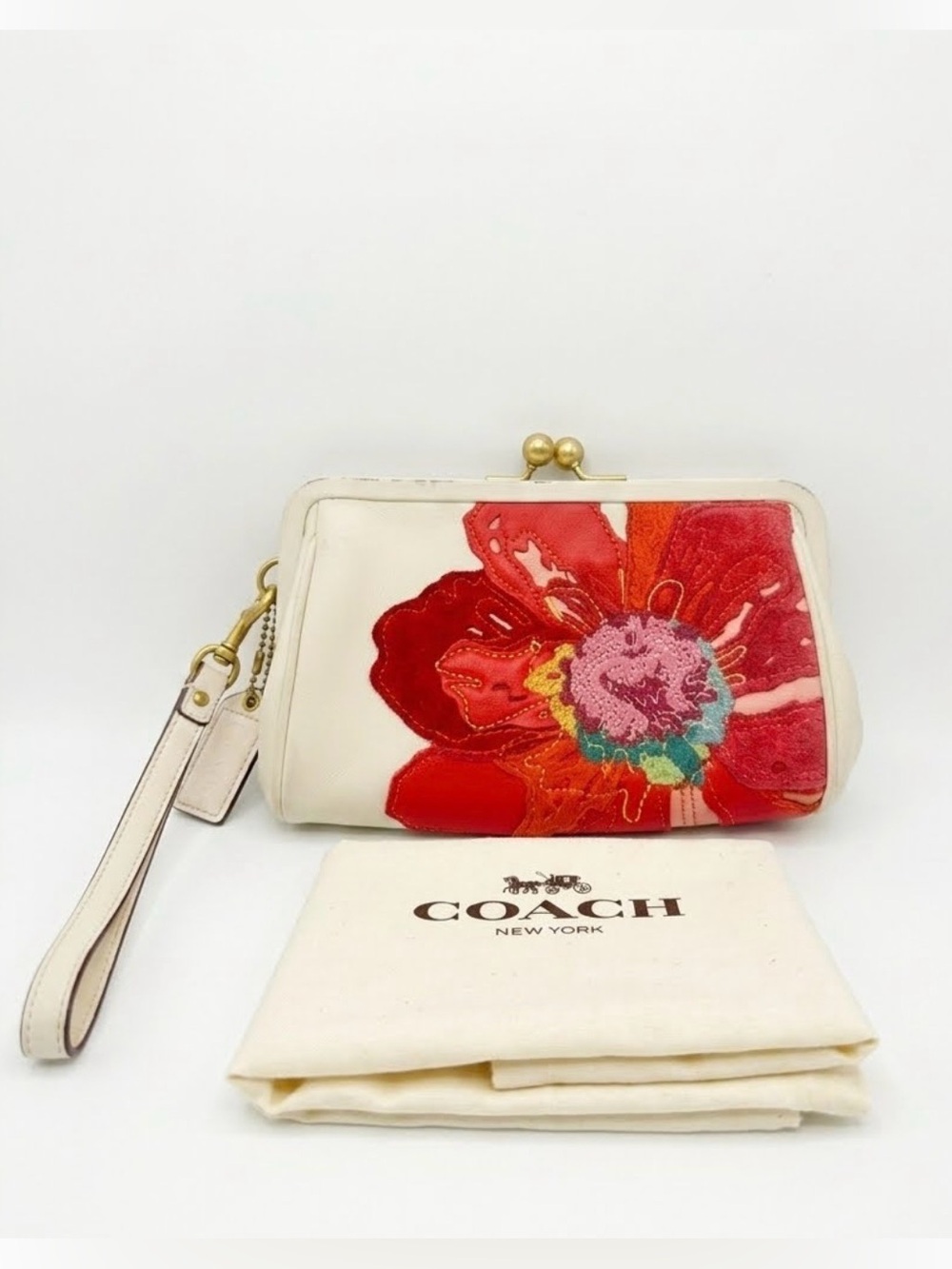 Coach White Kiss lock Wristlet Poppies for Peace Vintage EUC - Picture 4 of 10